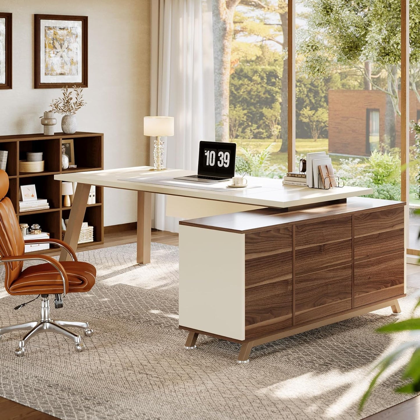 78.7" L-Shaped Executive Desk, Modern Office Desk with File Drawers & Storage Shelves, Large Computer Desk with 55-Inch Cabinet, Business Workstation for Home Office, Beige & Walnut