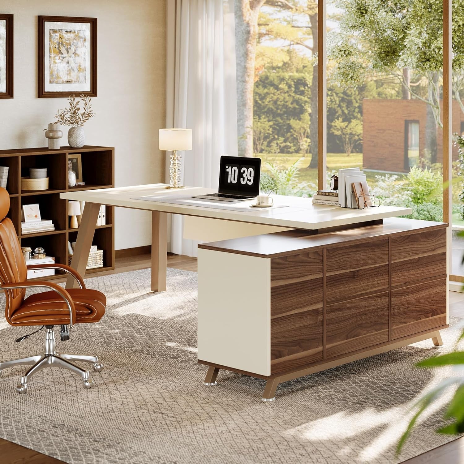 78.7" L-Shaped Executive Desk, Modern Office Desk with File Drawers & Storage Shelves, Large Computer Desk with 55-Inch Cabinet, Business Workstation for Home Office, Beige & Walnut