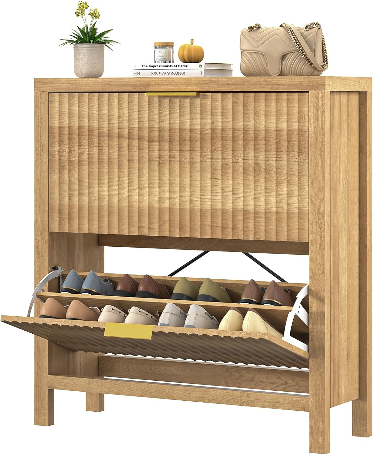 Shoe Cabinet Storage for Entryway, Fluted Shoe Cabinet with 2 Flip Drawers, Hidden Shoe Rack Tall Freestanding Shoe Organizer with Legs for Hallway, Oak