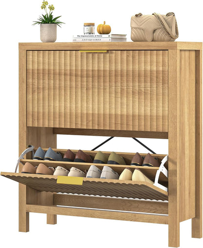 Shoe Cabinet Storage for Entryway, Fluted Shoe Cabinet with 2 Flip Drawers, Hidden Shoe Rack Tall Freestanding Shoe Organizer with Legs for Hallway, Oak