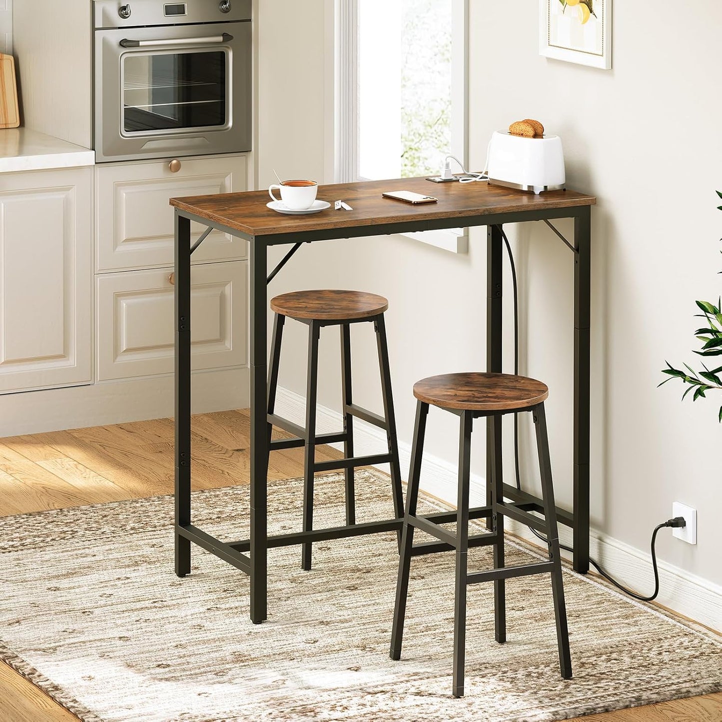 Bar Table with Charging Station, Rectangular Pub Table, High Top Coffee Table, Counter Bar Height Table, Narrow Long Dining Table, 35.4" L X 15.7" W X 35.6" H, Rustic Brown and Black BF90UBT01