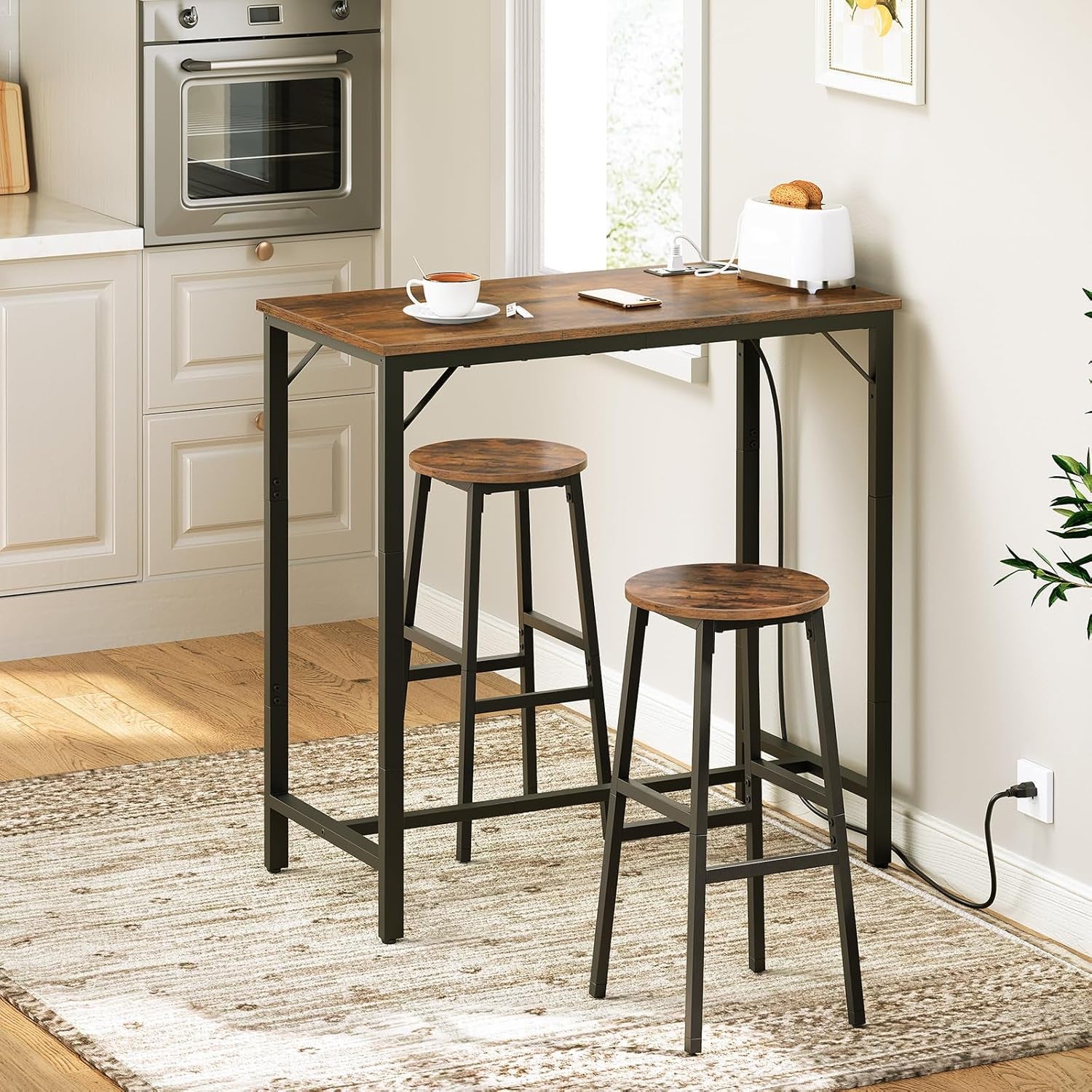 Bar Table with Charging Station, Rectangular Pub Table, High Top Coffee Table, Counter Bar Height Table, Narrow Long Dining Table, 35.4" L X 15.7" W X 35.6" H, Rustic Brown and Black BF90UBT01