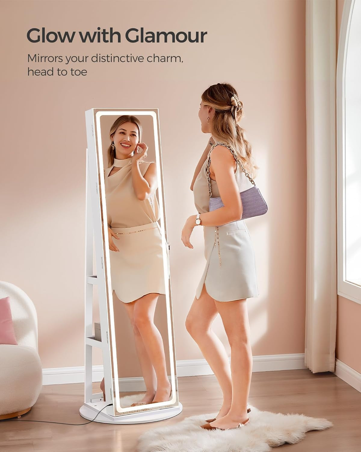 LED Jewelry Cabinet Standing, Lockable Armoire with Full-Length Mirror and Adjustable Lights, Space-Saving Organizer, Gift Idea, Cloud White UJJC008W01