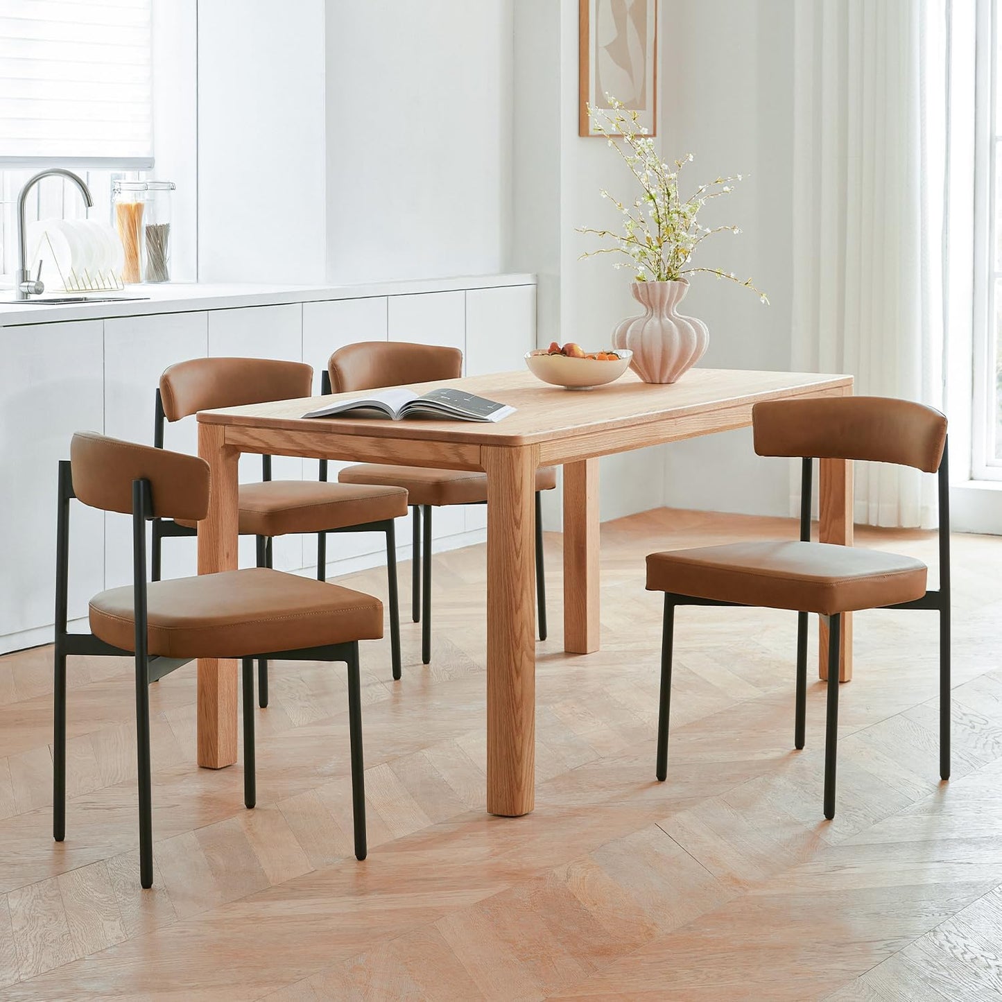 Brown Faux Leather Dining Chairs Set of 4, Armless Upholstered Kitchen Chair,Modern Dining Room Chair with Curved Backrest