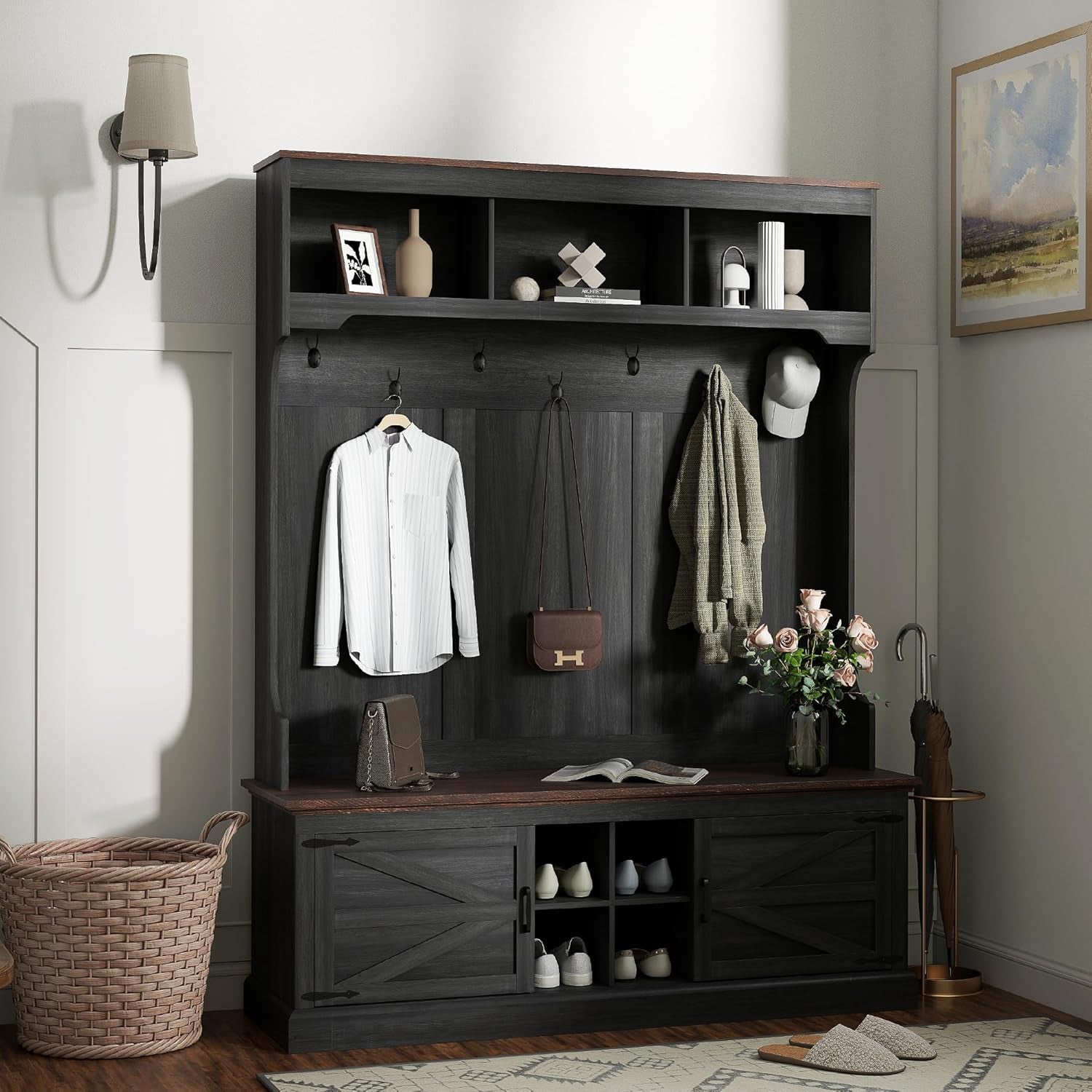 3-In-1 Hall Tree with Storage, Farmhouse Coat Rack with Bench, Standing Shoe Rack with Seven Hooks for Entryway, Black Wood Grain