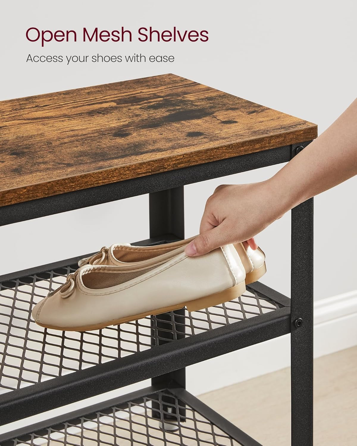 , 3-Tier Shoe Rack, Shelf Storage Bench with Metal Mesh Shelves and Seat, Free Standing Shoe Organizer for Entryway, 11.8 X 28.7 X 17.7 Inches, Hazelnut Brown and Black ULBS073B03