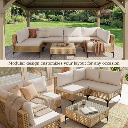 Patio Furniture Set,7 Pieces Outdoor Wicker Sectional Couch with Thick Cushions &Glass Tabletop, PE Rattan Backyard Conversation Sofa with Coffee Table for Deck, Porch