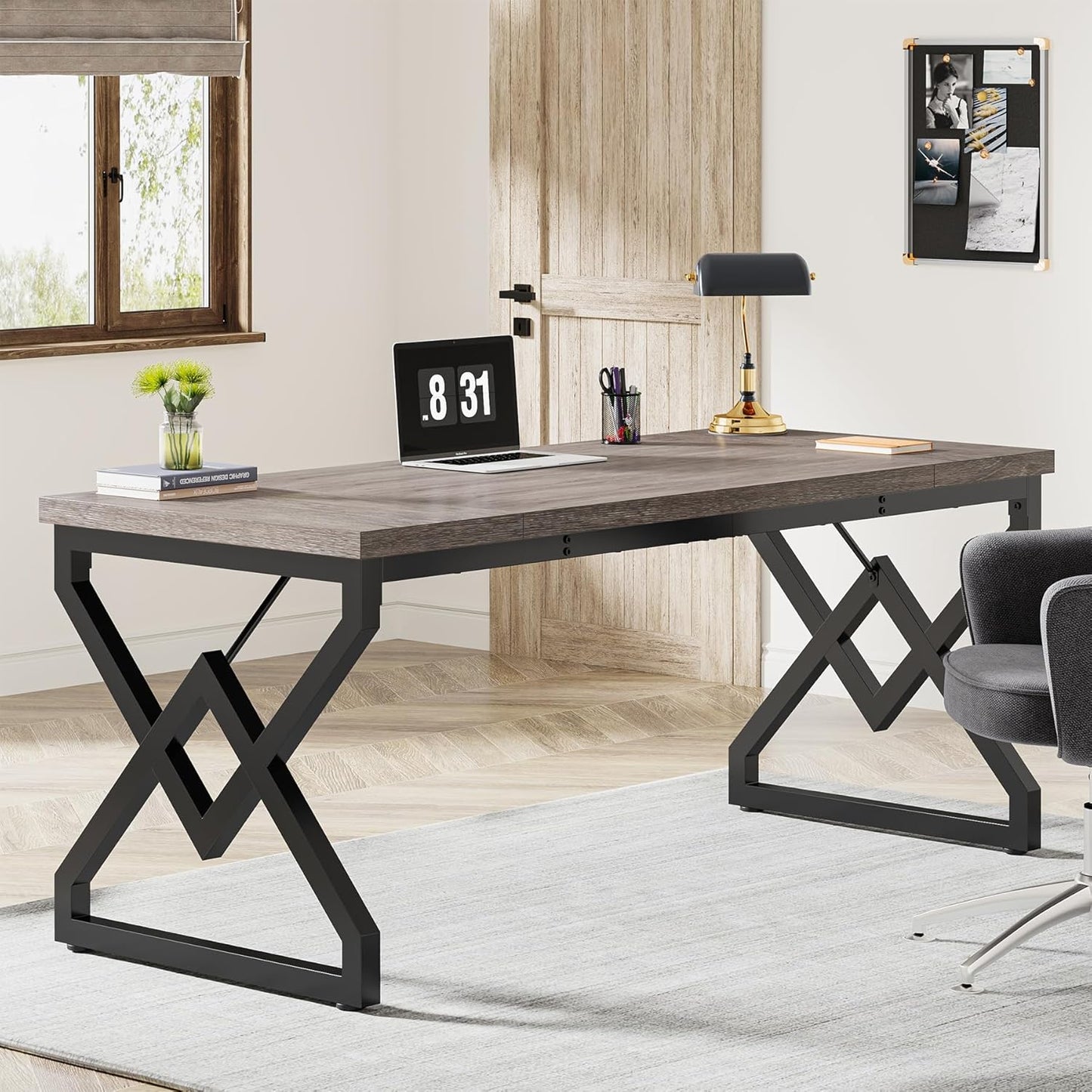 63 Inch Executive Desk, Large Office Computer Desk with Extra Thick Wooden Tabletop and Metal Frame, Modern Simple Workstation Writing Table Study Desk for Home Office, Gray