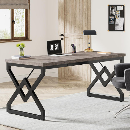 63 Inch Executive Desk, Large Office Computer Desk with Extra Thick Wooden Tabletop and Metal Frame, Modern Simple Workstation Writing Table Study Desk for Home Office, Gray