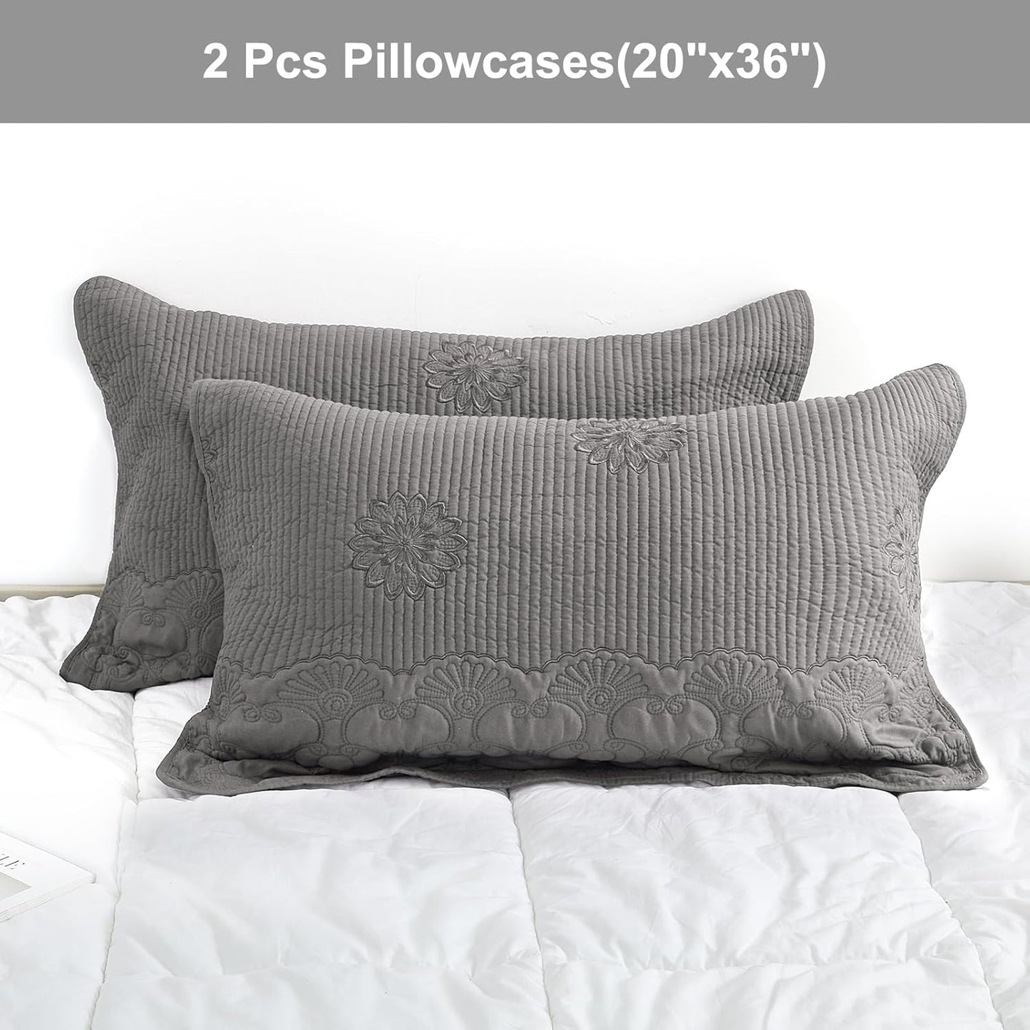 Pillow Shams King Size Set of 2, Ultra Soft Breathable Quilted Embroidery Pillow Cases 20 X 36 Inches for Sleeping, Decorative Microfiber Bed Pillowcases Easy Care, Gray