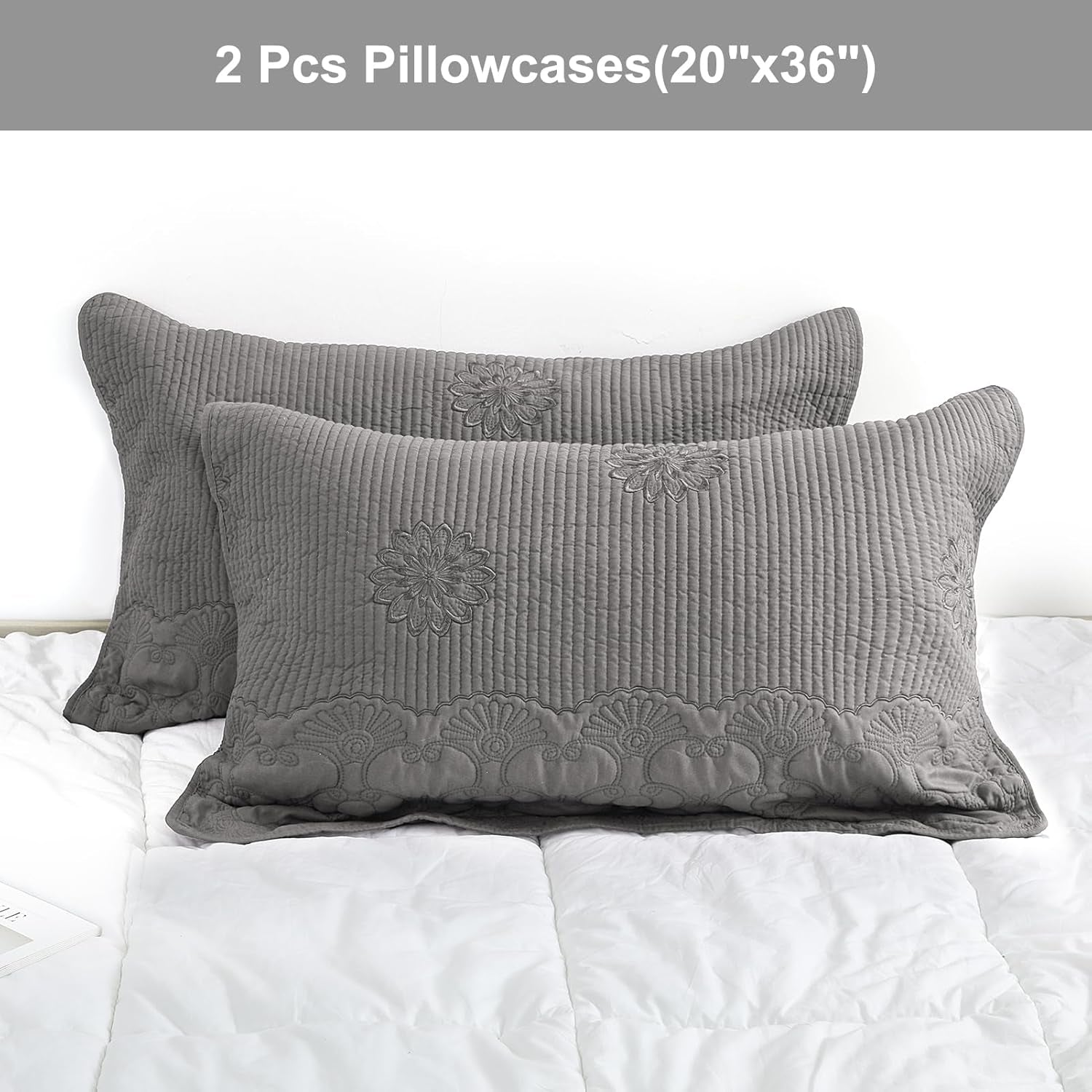 Pillow Shams King Size Set of 2, Ultra Soft Breathable Quilted Embroidery Pillow Cases 20 X 36 Inches for Sleeping, Decorative Microfiber Bed Pillowcases Easy Care, Gray