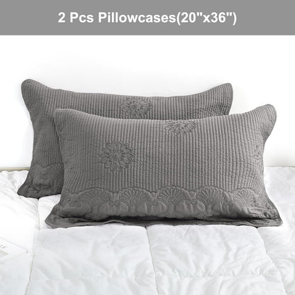 Pillow Shams King Size Set of 2, Ultra Soft Breathable Quilted Embroidery Pillow Cases 20 X 36 Inches for Sleeping, Decorative Microfiber Bed Pillowcases Easy Care, Gray