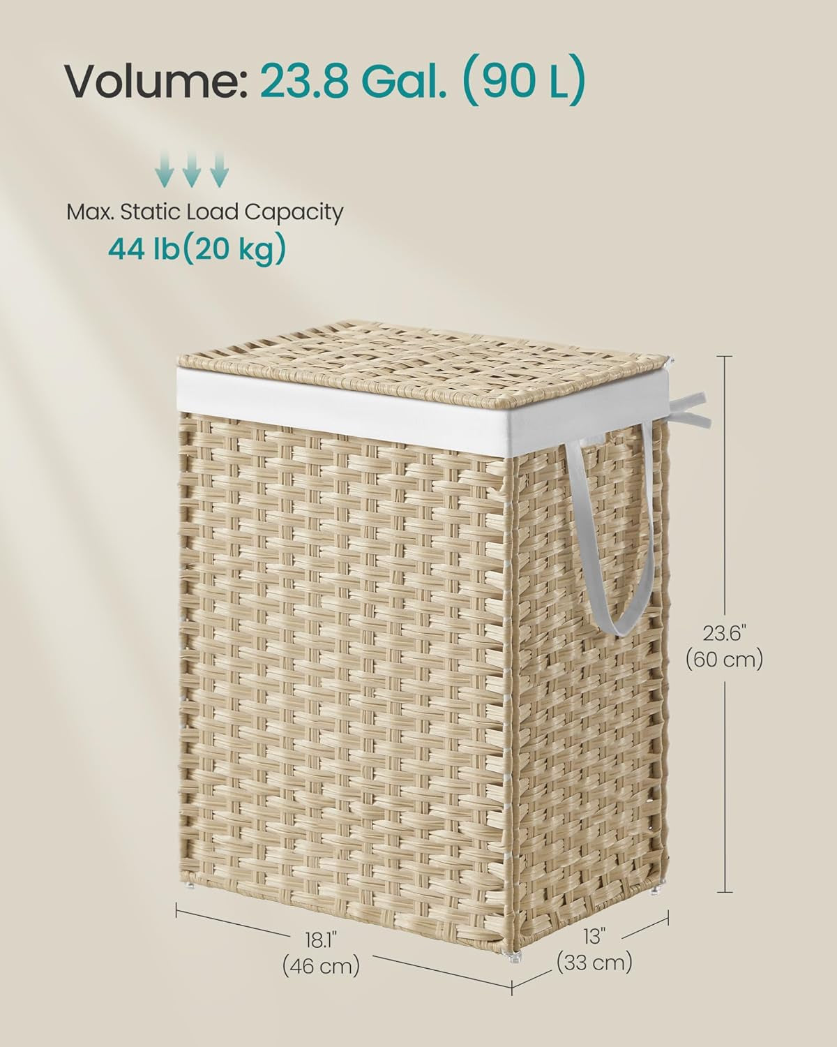 Laundry Hamper with Lid, 23.8 Gallon (90L) Synthetic Rattan Clothes Laundry Basket with Lid and Handles, Foldable, Removable Liner, Summer Sand ULCB051LZ01