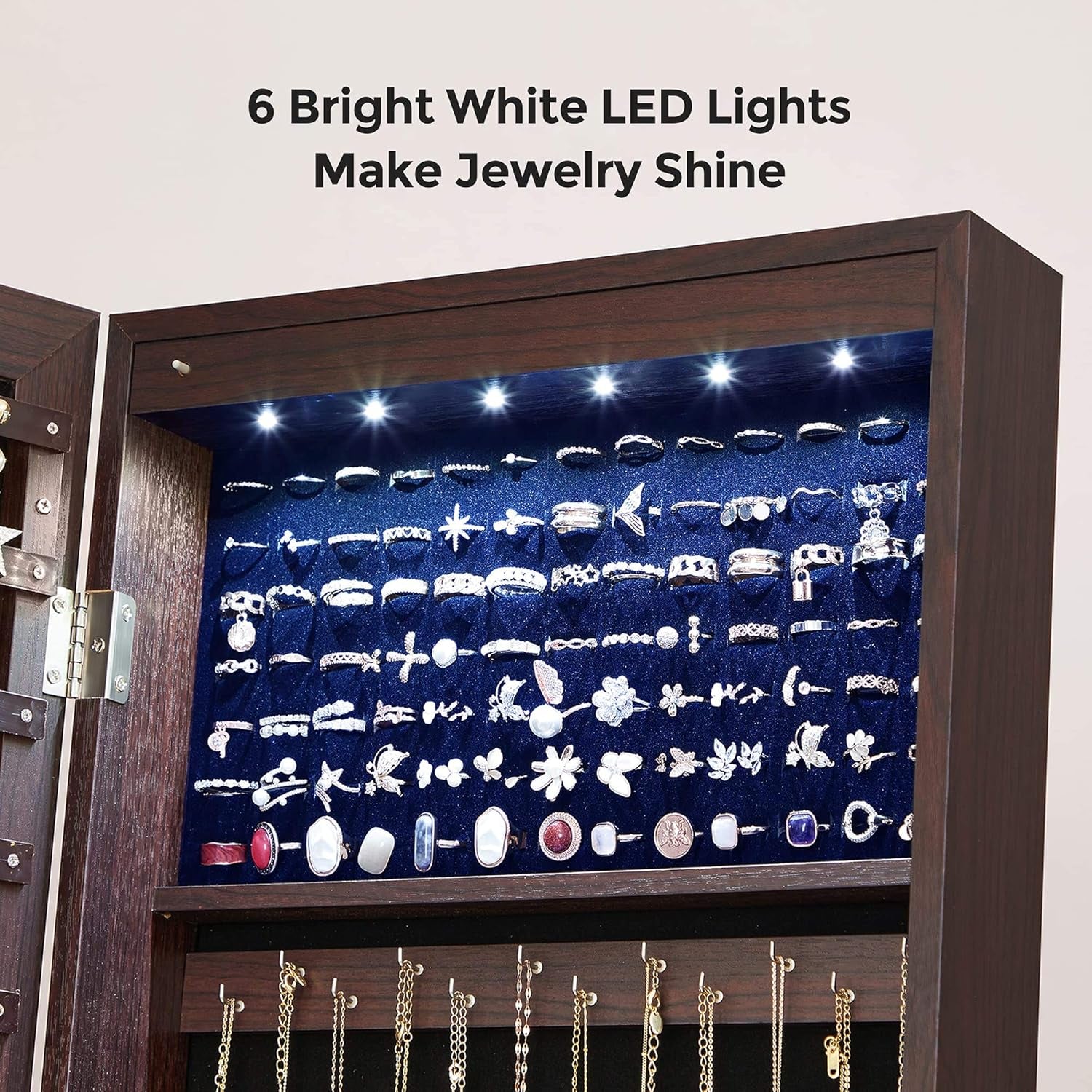 Jewelry Cabinet with 6 LED Lights, Lockable Mirrored Jewelry Armoire Organizer, 2 Drawers, Brown UJJC94K