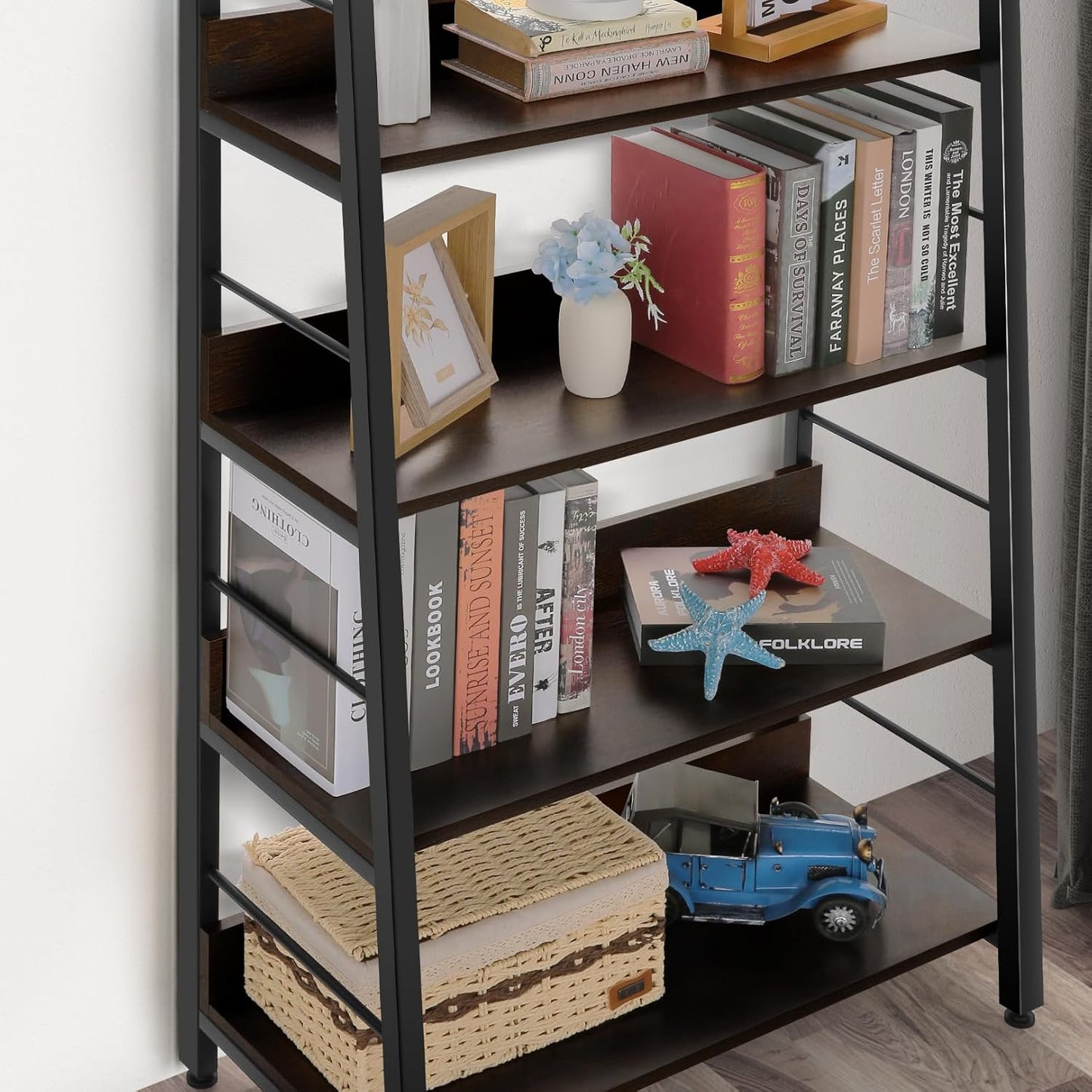 5 Tier Book Shelf, Rustic Industrial Ladder Bookshelf Wood Metal, Dark Brown Farmhouse 28'' Wide 59''Tall Ladder Shelf Living Room, Bedroom, Home Office