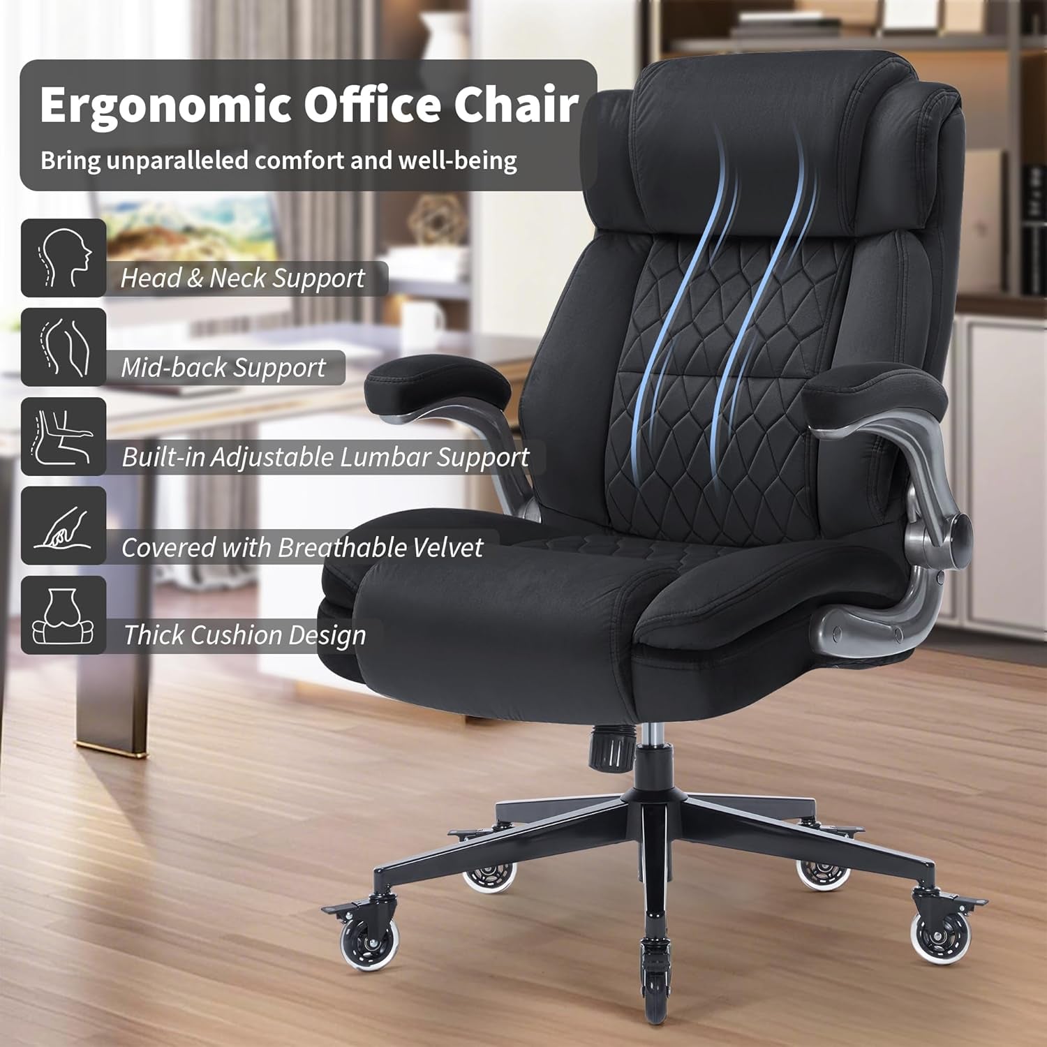 Fabric High Back Office Chair 400Lbs-Adjustable Built-In Lumbar Support，Flip Arms, Locking Wheels-Ergonomic Computer Desk Chair with Heavy Duty Base，Thick Padded Large Work Chairs for Adults Men Women
