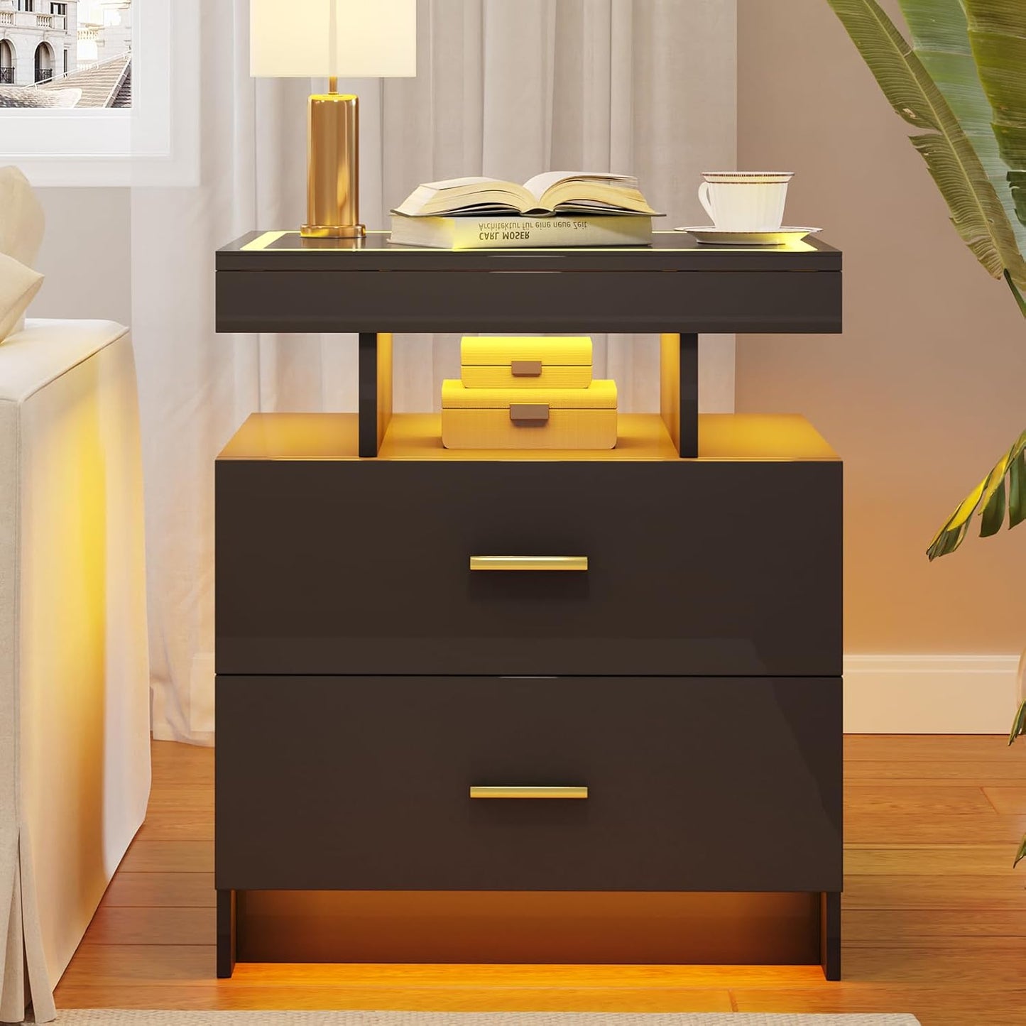 LED Nightstand with Wireless Charging Station - Modern Night Stand with Lights, Glass Top Bedside Table with Drawers for Bedroom, Glossy End Table with Human Body Induction (Black)