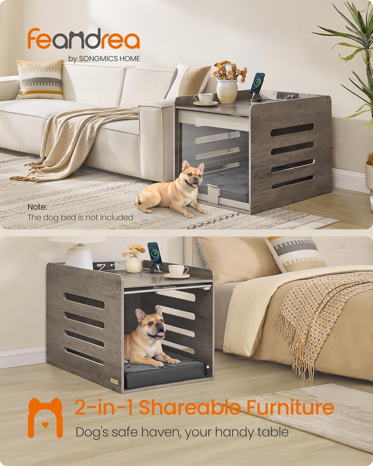 Modern Dog Crate Furniture with Charging Station, Kennel Indoor with Flip-Up Hidden Acrylic Door, for Small and Medium Dogs up to 45 Lb, Side End Table, Heather Greige UPOC021G01