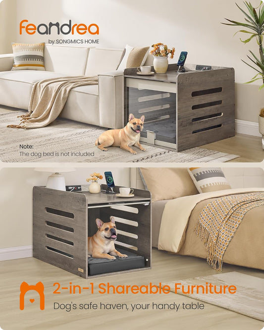 Modern Dog Crate Furniture with Charging Station, Kennel Indoor with Flip-Up Hidden Acrylic Door, for Small and Medium Dogs up to 45 Lb, Side End Table, Heather Greige UPOC021G01
