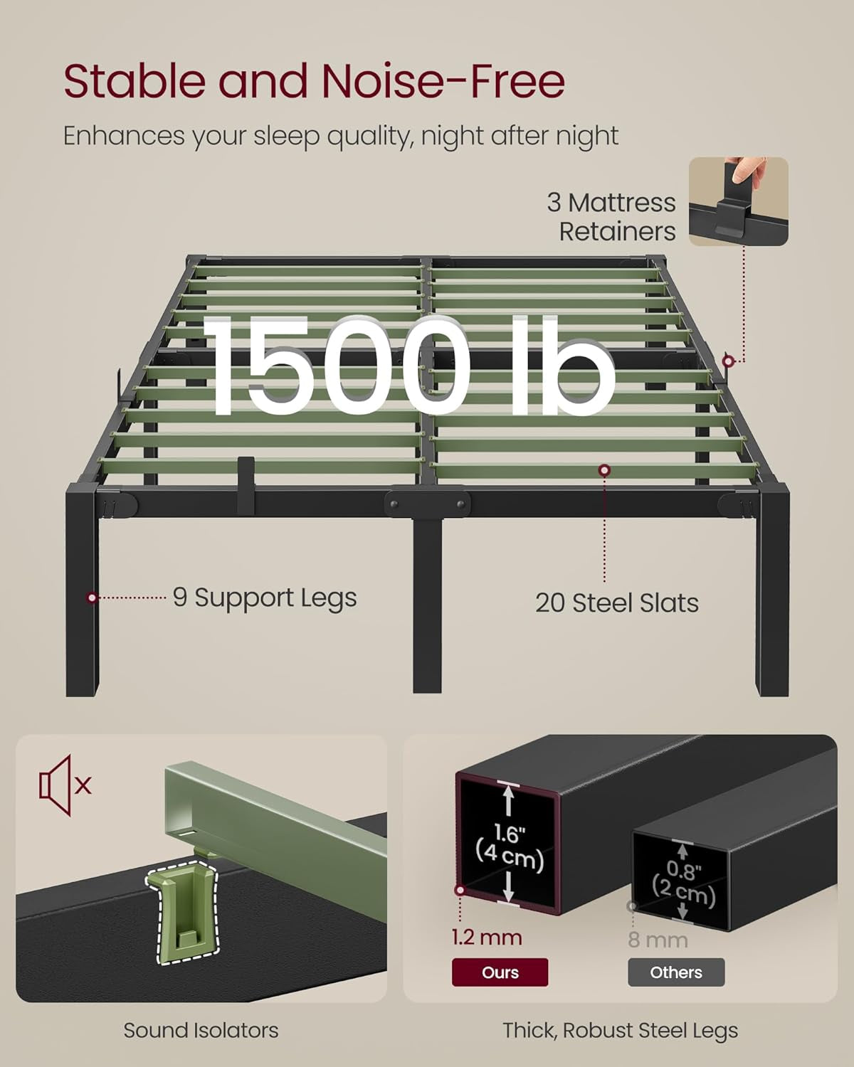 Superfast Assembly, Metal Queen Bed Frame, Heavy-Duty Platform Bed Frame Queen Size, 1500 Lb Weight Capacity, Steel Slats, No Box Spring Needed, Ink Black and Forest Green URMB871B01