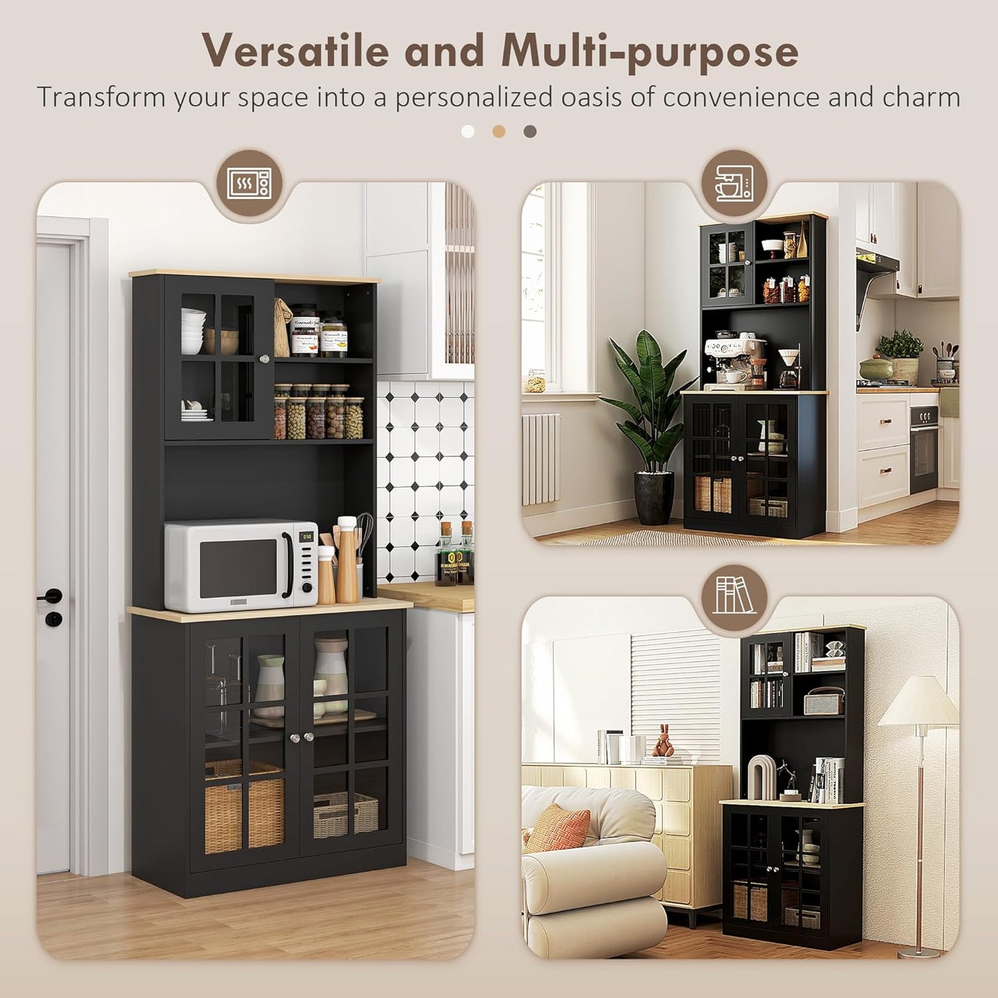 Kitchen Pantry Storage Cabinet, 72" Freestanding Cabinet with Hutch, Large Countertop, Glass Doors and Adjustable Shelves for Dining Room, Black