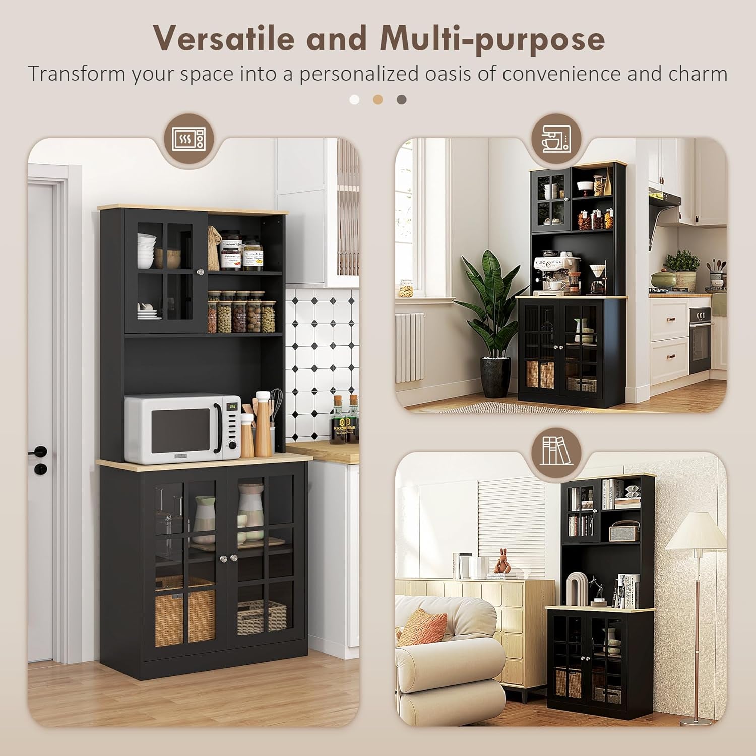 Kitchen Pantry Storage Cabinet, 72" Freestanding Cabinet with Hutch, Large Countertop, Glass Doors and Adjustable Shelves for Dining Room, Black
