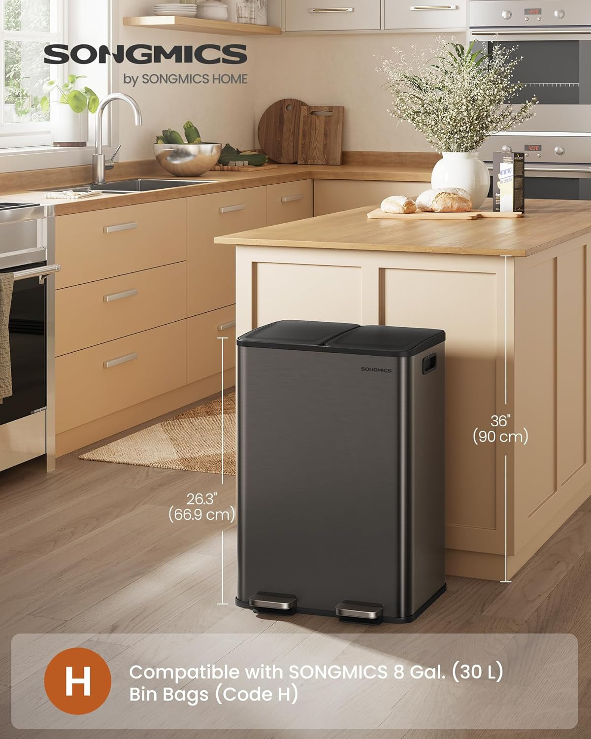 Trash Can, 2 X 8 Gallon (2 X 30 L) Dual-Compartment Garbage Can with Soft-Close Lid, Pedal and Inner Buckets, Stainless Steel, Includes 15 Liner Bags, Slate Gray ULTB741G01