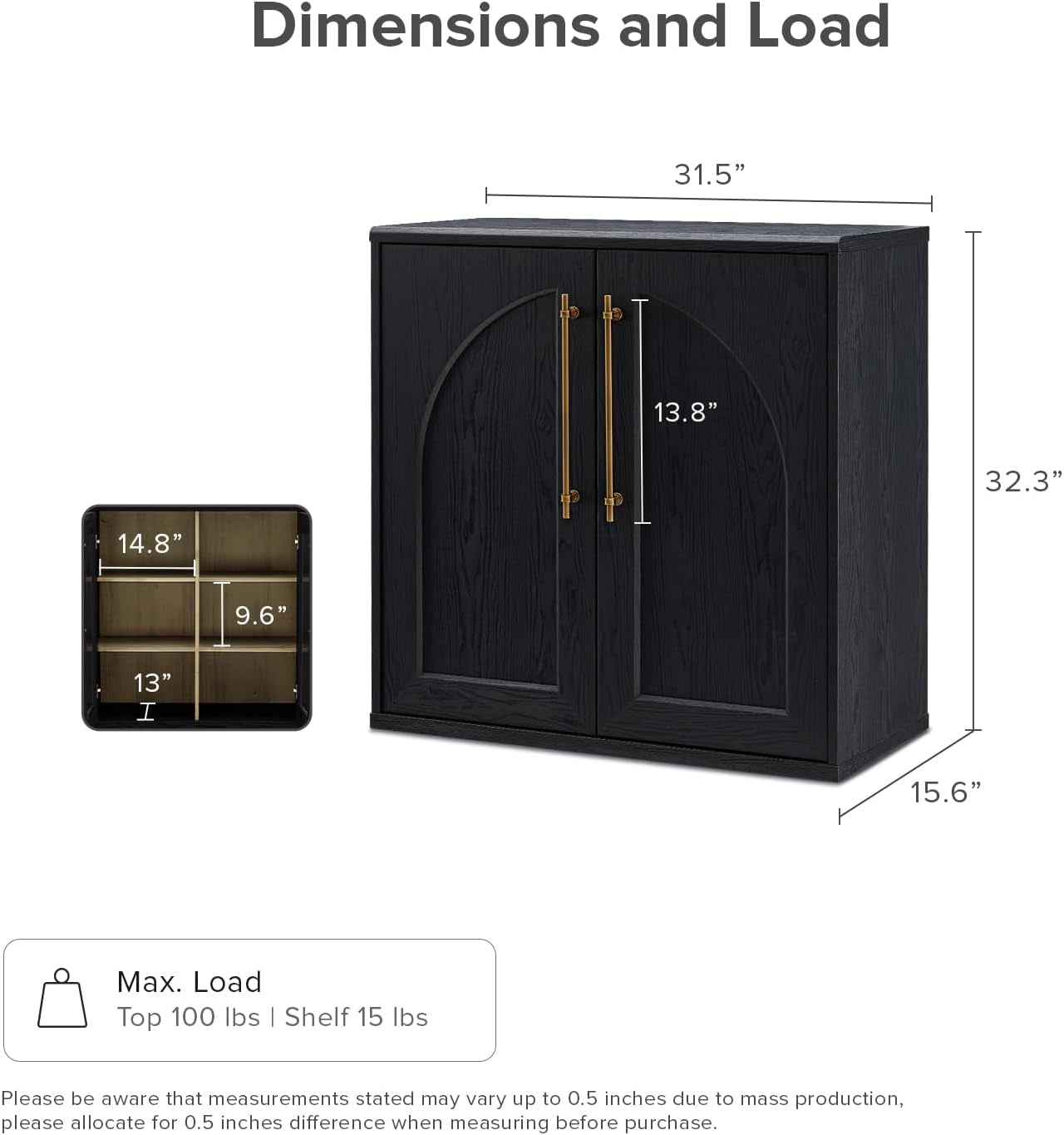 Blake Storage Cabinet, Small Modular Accent Display Sideboard Buffet Cabinet with Storage, Media Console Credenza, for Kitchen, Coffee Bar, Pantry, Living Room (Black Oak Arched, Set of 2)