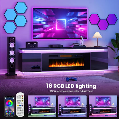 Fireplace Tv-Stand with 40" Fireplace - 2 LED Light Tv-Stand for 85 Inch Tvs - Entertainment Center with 4 AC Power Outlets - 2 Tier TV Consoles Stand for Living Room, Black