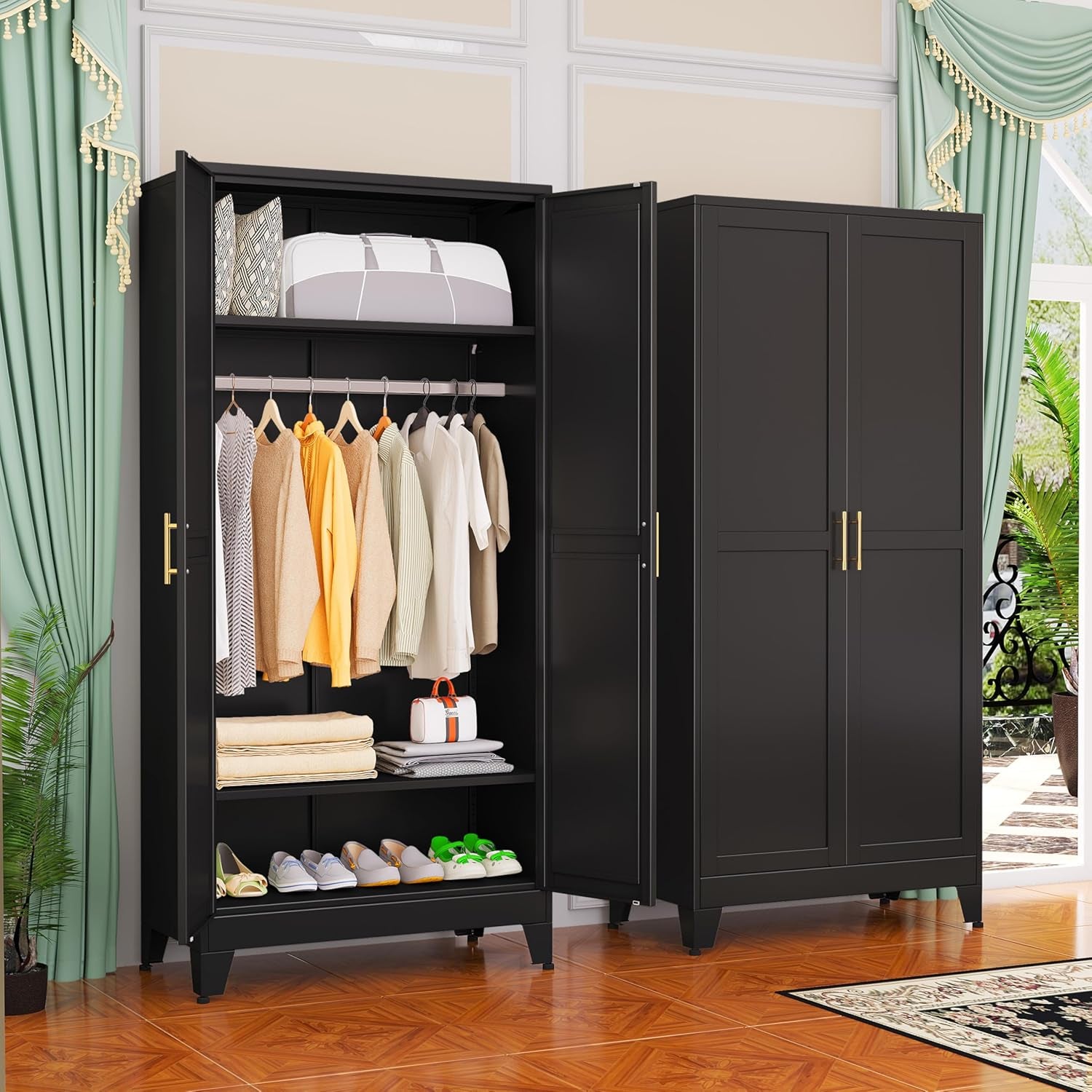 Metal Wardrobe Cabinet with Hanging Rod, 71" Metal Clothing Storage Cabinets with 2 Doors and Adjustable Shelves, Black Armoire Wardrobe Closet for Bedroom, Laundry Room, Cloak Room