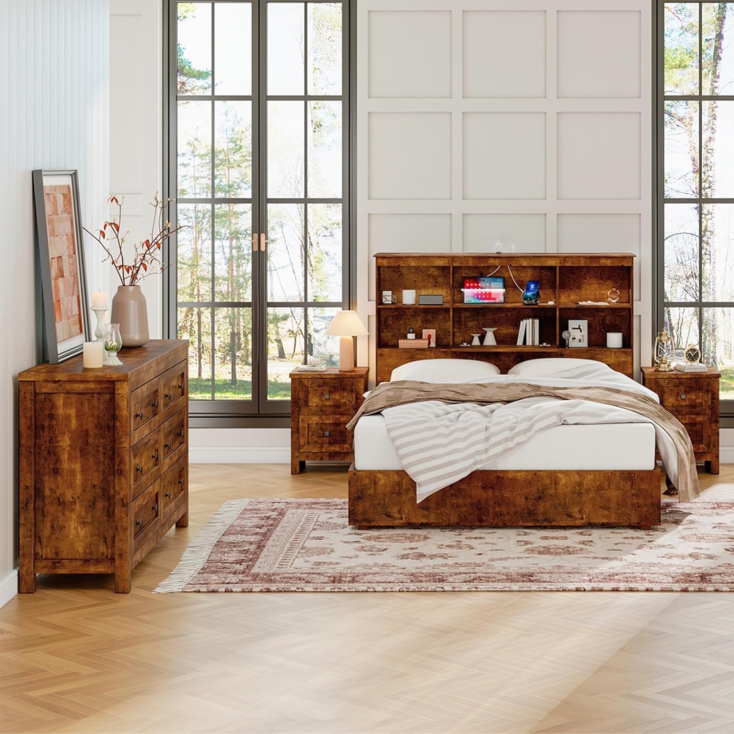 Bedroom Dresser and Nightstand 3 Piece Set, 1 X Wood Rustic 6 Drawer Storage Dresser, Nightstand Set of 2 with Charging Station, Farmhouse Bedroom Furniture Set, Rustic Brown