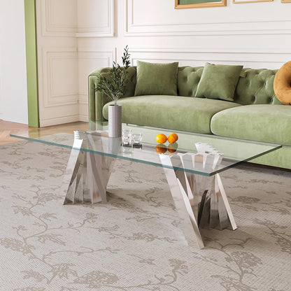 Silver 3 Piece Living Room Table Set with 1 Glass Coffee Table & 2 End Table, 3 Piece Coffee Table Set with Tempered Glass Tabletop and Stainless Steel Pedestal, Easy to Assemble