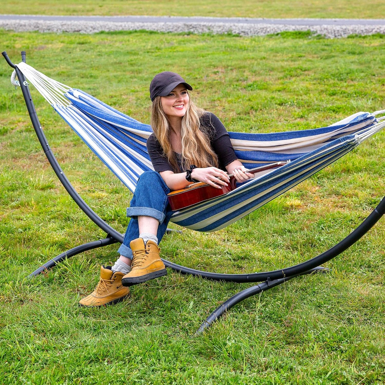 Backyard Hammock with Frame, Hammock Frames for Outside, 475 Lbs Capacity, Blue & White Stripes