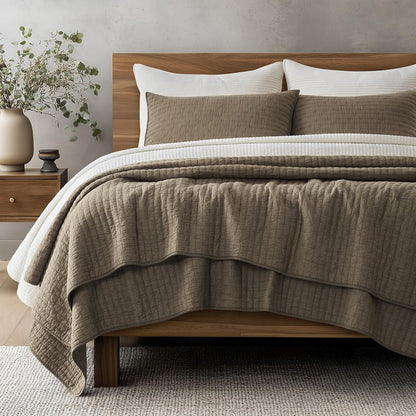 EVERGRACE Cross Stitch Pre-Washed Cotton Quilt Bedding Set King Size, Oversized 3 Pieces Lightweight Bedspread Coverlet for All Season, with 2 Matching Shams, Mocha Brown, 108"X96"