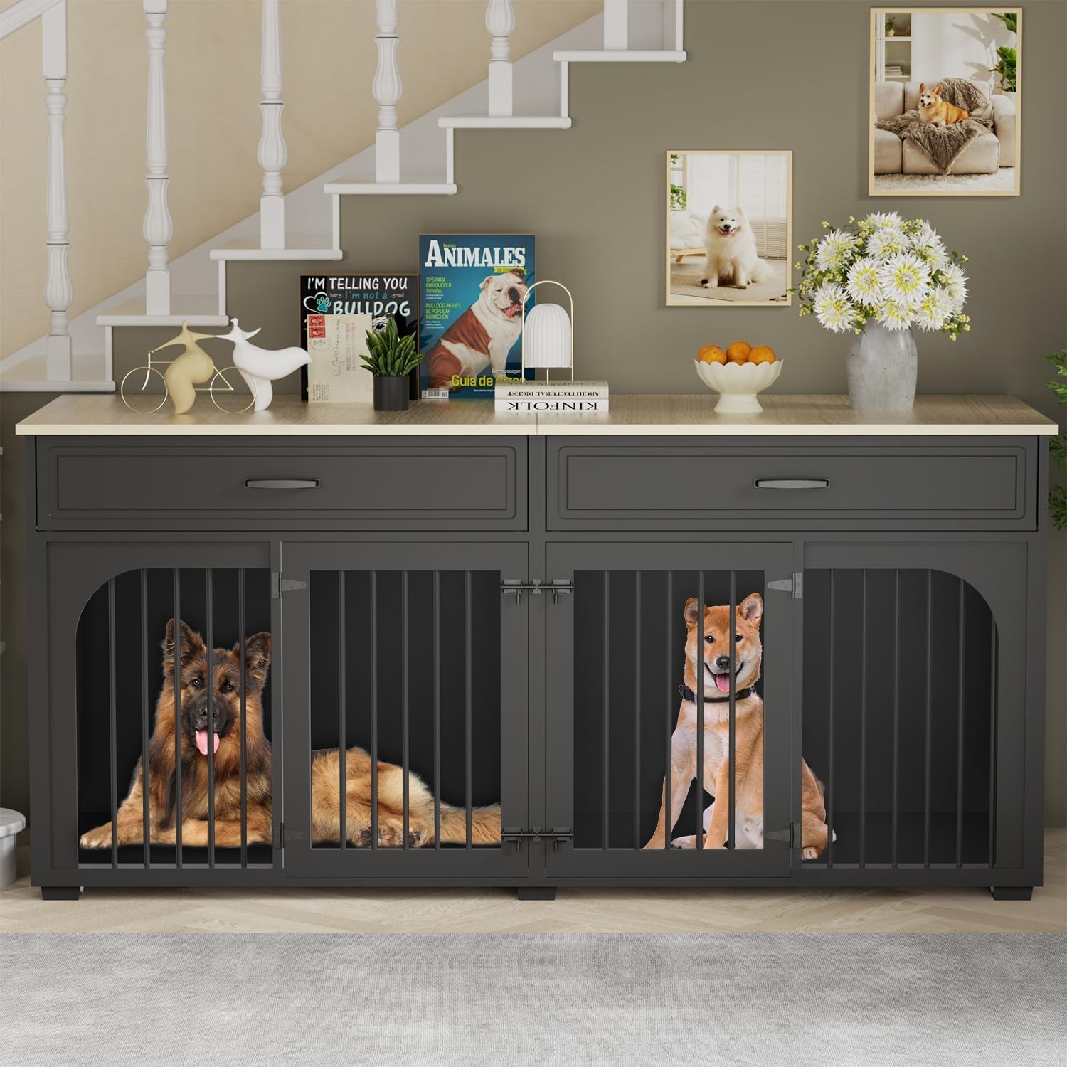 74.8'' Dog Crate Furniture, Wooden Dog Crate with 2 Drawers and Removable Divider, Heavy Duty Dog Kennel Indoor TV Stand for Small Large Medium Dogs, Black