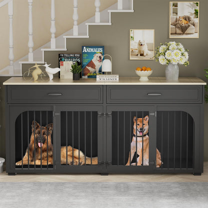 74.8'' Dog Crate Furniture, Wooden Dog Crate with 2 Drawers and Removable Divider, Heavy Duty Dog Kennel Indoor TV Stand for Small Large Medium Dogs, White