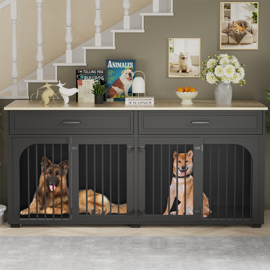 74.8'' Dog Crate Furniture, Wooden Dog Crate with 2 Drawers and Removable Divider, Heavy Duty Dog Kennel Indoor TV Stand for Small Large Medium Dogs, White