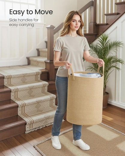 Laundry Hamper, Cotton Rope Laundry Basket with Handles, for Children, Toys, Clothing, Living Room, Bedroom, 15.8 Gallons, 13.8 X 13.8 X 19.7 Inches, Yellowish Brown URLH061KZ01