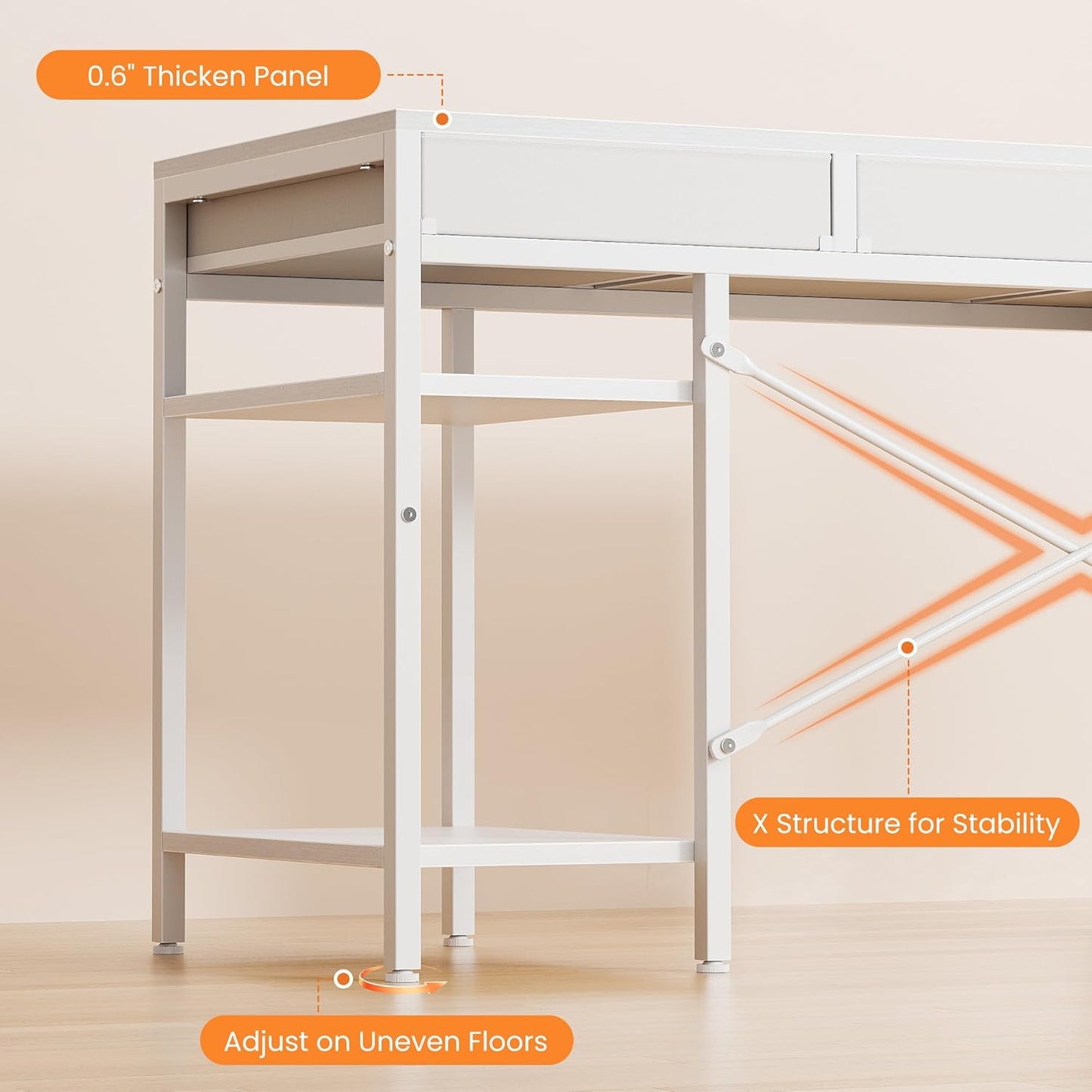 47" Computer Desk with 6 Drawers, Home Office Gaming Desks with Storage Shelves for Bedroom, Writing Study Corner Living Room Work Table White