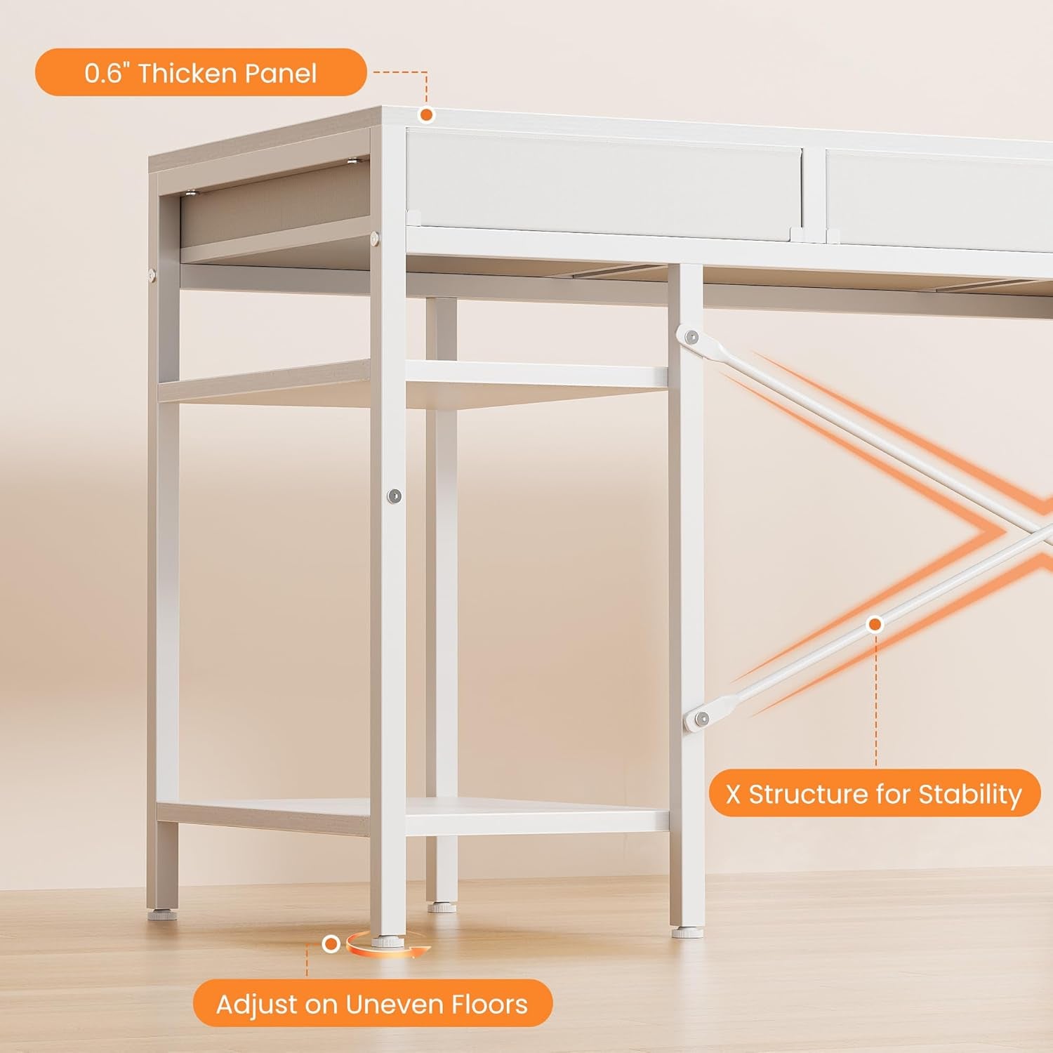47" Computer Desk with 6 Drawers, Home Office Gaming Desks with Storage Shelves for Bedroom, Writing Study Corner Living Room Work Table White
