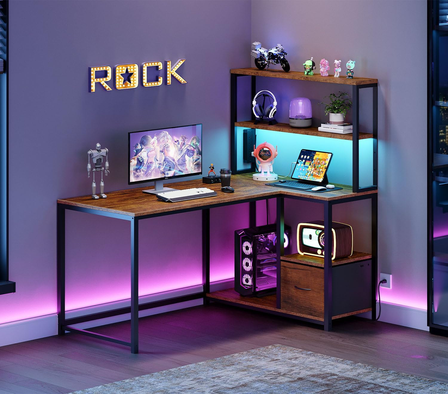 L Shaped Gaming Desk, 46 Inch Reversible Computer Desk with LED Light & Power Outlet, Office Desk with Storage Shelves & Drawer, for Home Office, Study, Rustic Brown and Black BF18UDDN01