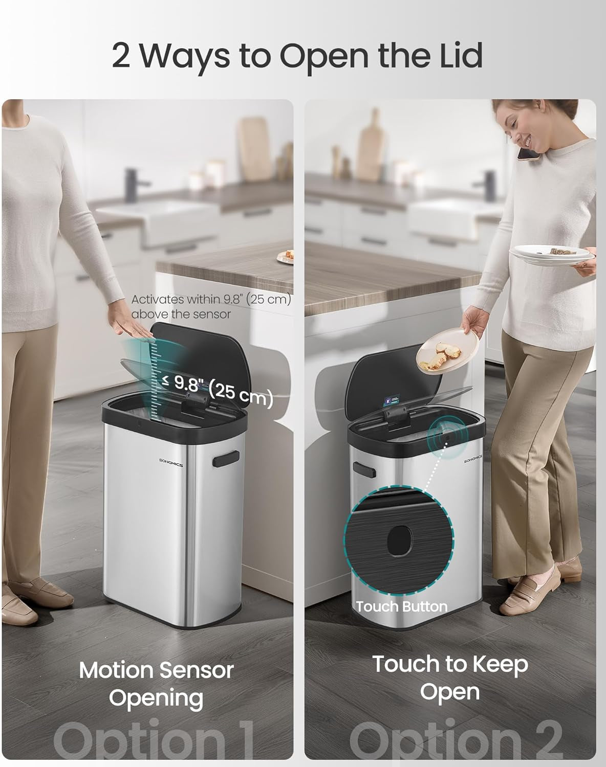 Motion Sensor Trash Can, 13-Gallon (50 L) Automatic Garbage Can with Soft Close Lid, Stainless Steel, Wave or Touch to Open, Includes 15 Bags, Metallic Silver and Ink Black ULTB640E01