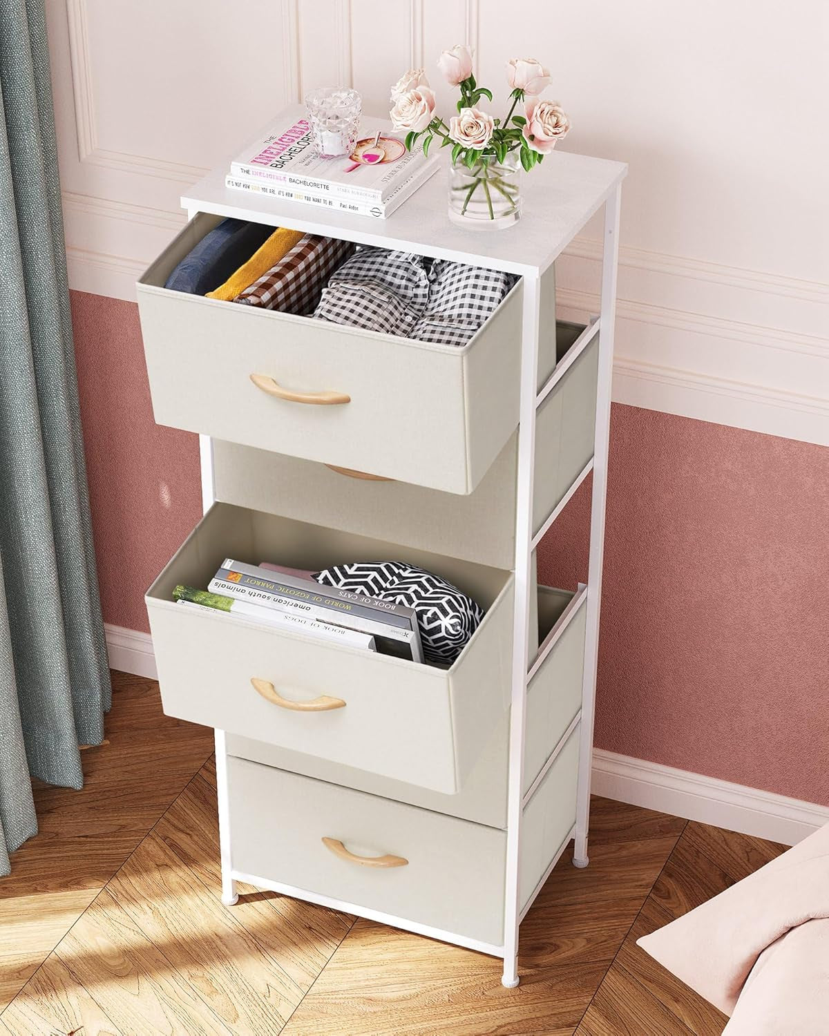 Vertical Dresser Storage Tower - Sturdy Steel Frame, Wood Top, Easy Pull Fabric Bins - Organizer Unit for Bedroom, Hallway, Entryway, Closets - 5 Drawers(Beige)