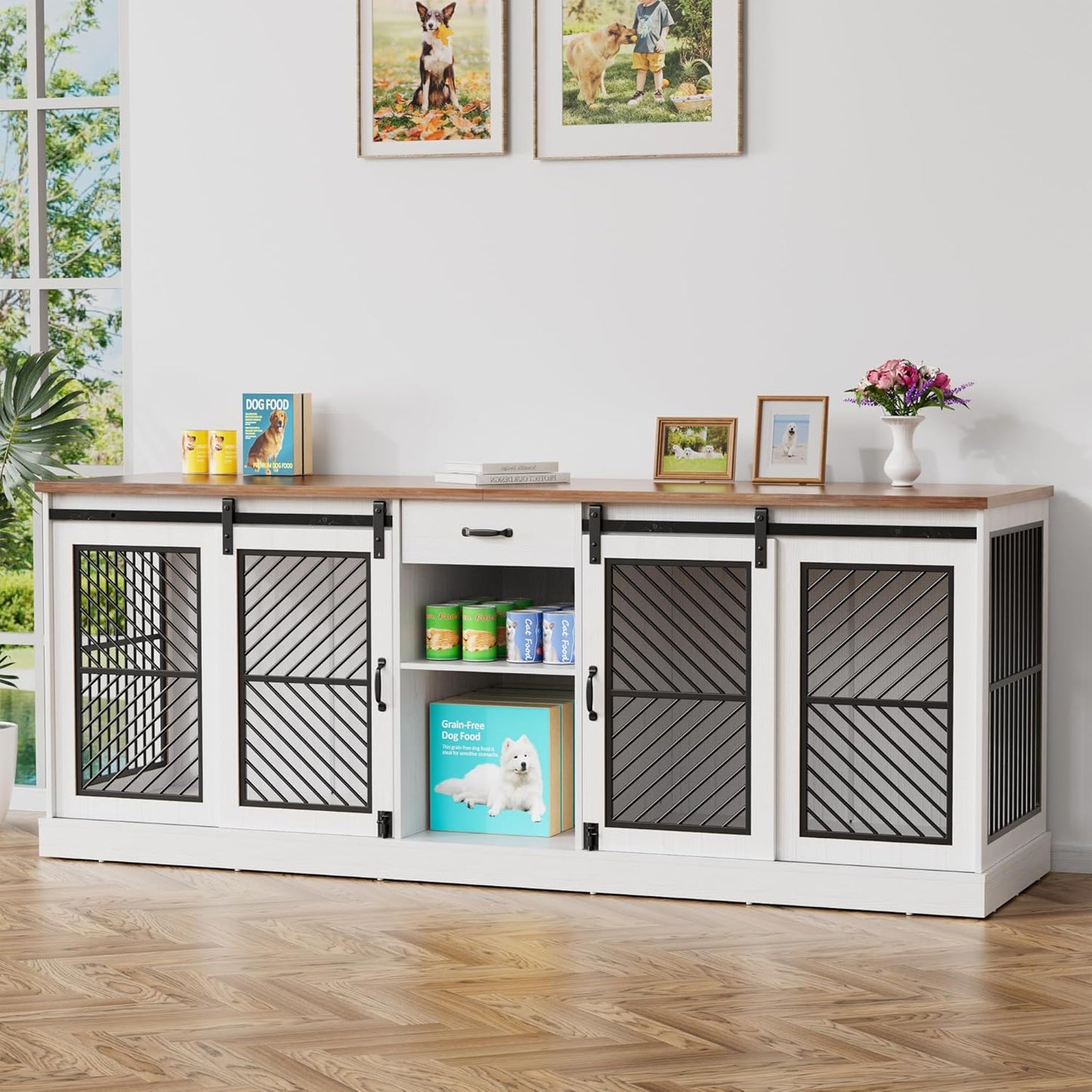 86" Dog Crate Furniture for 2 Dogs,Heavy Duty Indoor Dog Kennel End Table,Wooden Double Dog Cage Furniture Large Breed,Tv Stand with Divider & Storage Drawer