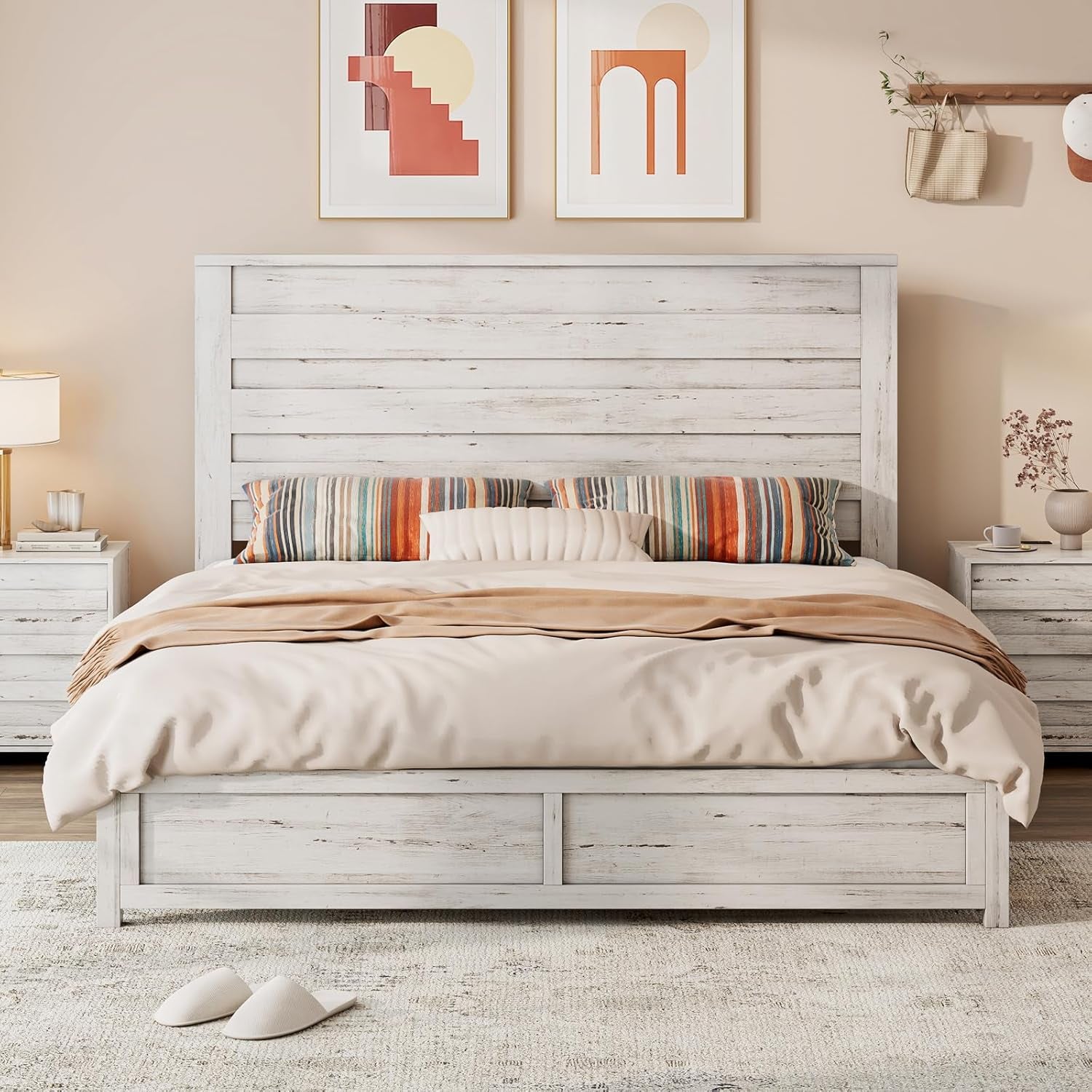 Farmhouse Queen Bed Frame with 49" Tall Headboard, Wooden Platform Bed with Hidden Metal Bed Frame, No Box Spring Needed/Noise Free, Distressed White