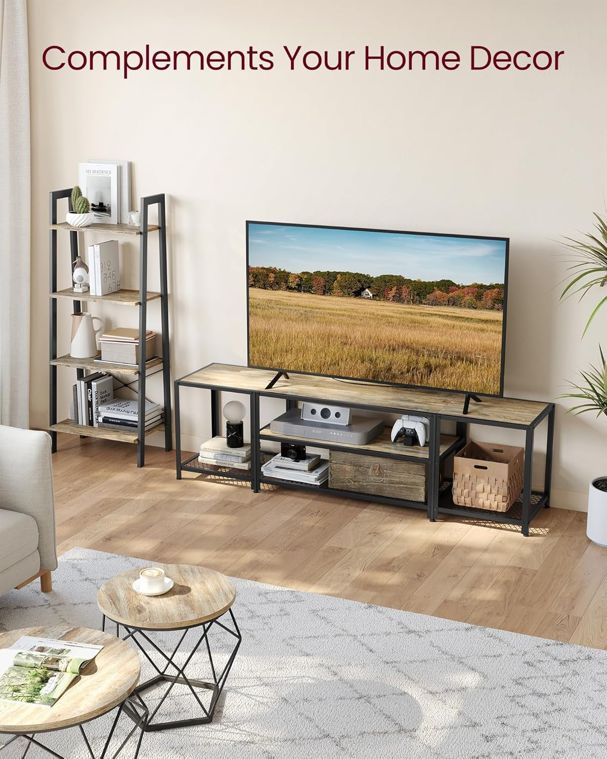 Modern TV Stand for Tvs up to 65 Inches, 3-Tier Entertainment Center, Industrial TV Console Table with Open Storage Shelves, for Living Room, Bedroom, Rustic Brown and Black ULTV097B01