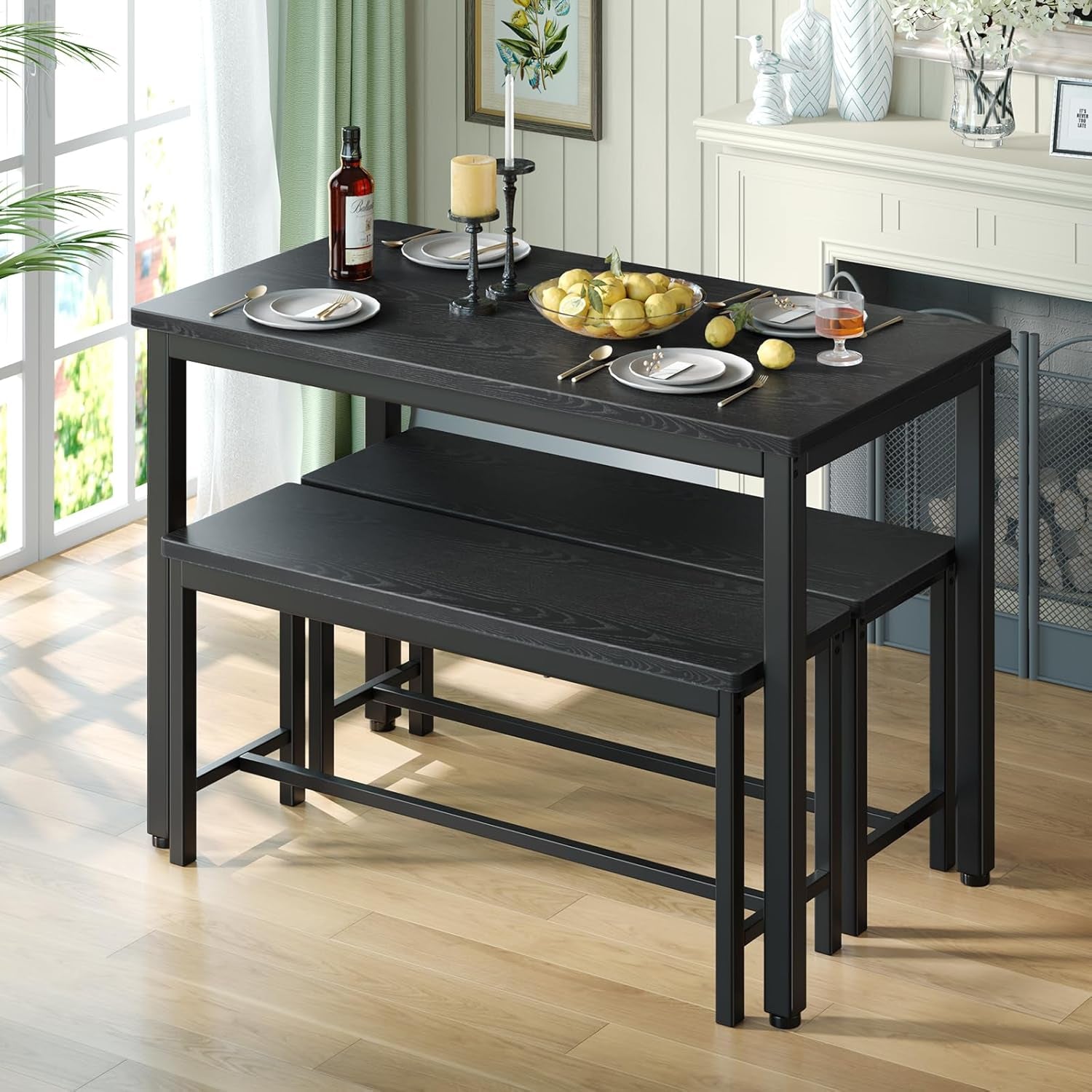 Dining Table Set for 4, 3-Piece Kitchen Table with 2 Benches, Space-Saving Dining Room Set for Breakfast Nook and Small Spaces, Black