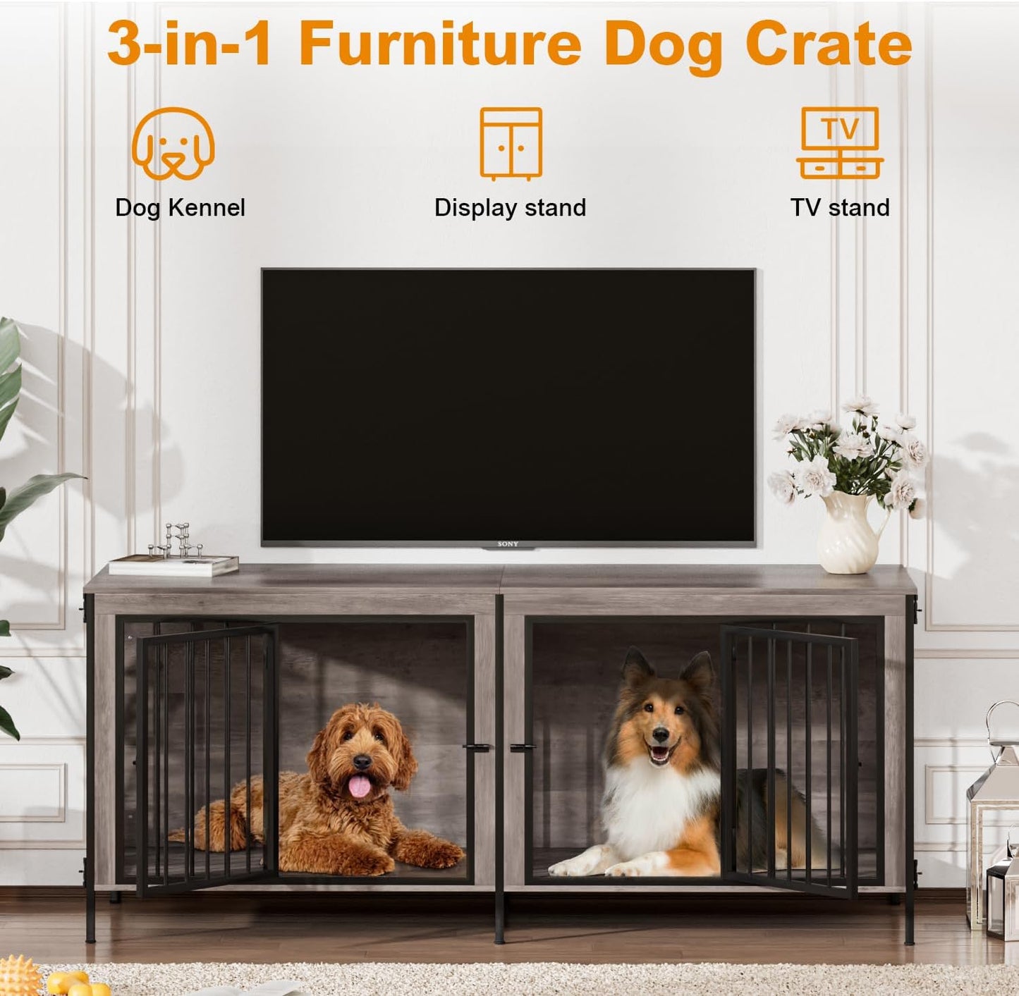 Dog Crate Furniture for 2 Dogs, 78" Double Dog Kennel Furniture Indoor for Large Dogs, XXL Wooden Furniture Dog Crate with Divider, Dog Kennel Dog Crates TV Stand, Grey