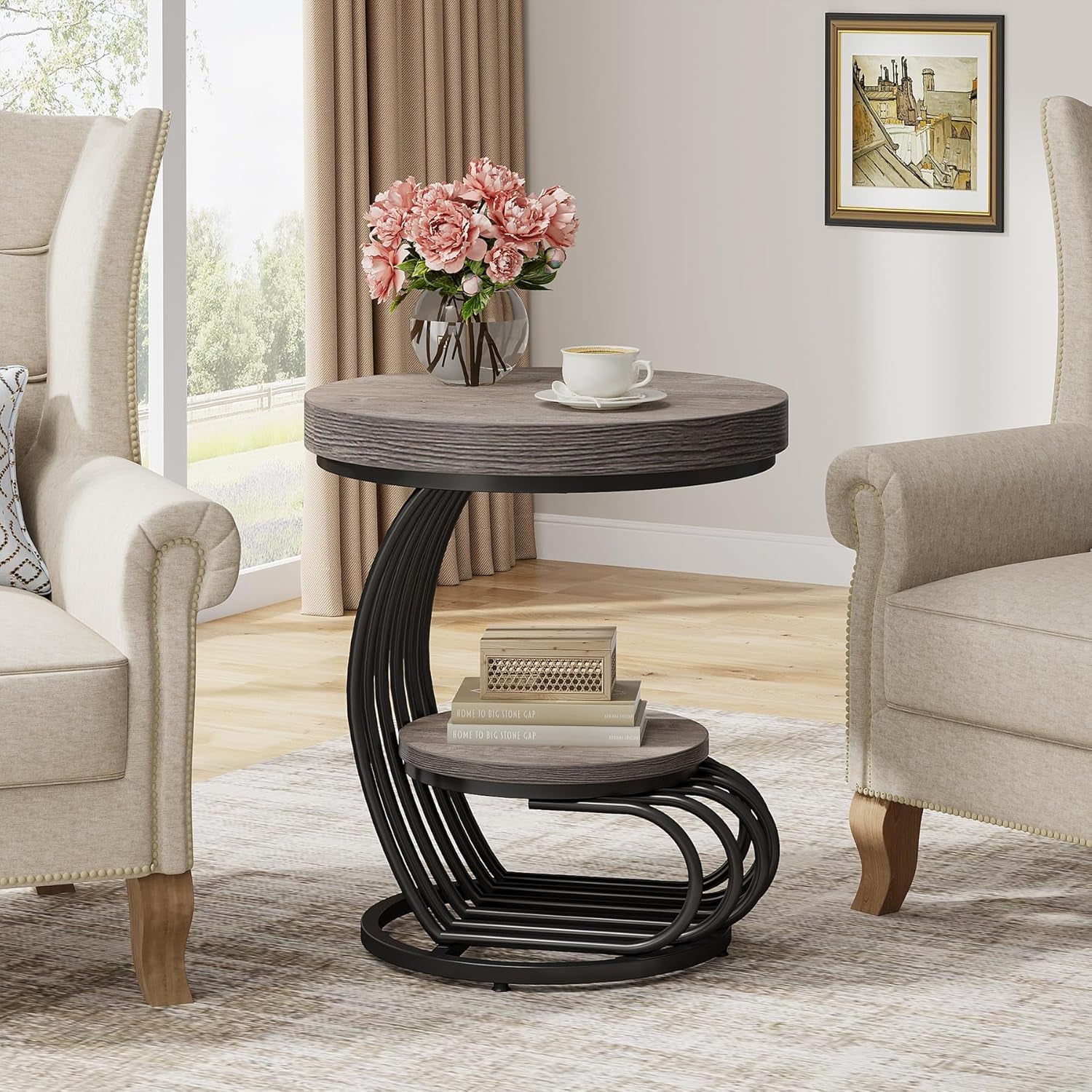 round End Table, 2-Tier Farmhose Wood Side Table with Shelf Storage, Small Sofa Side Bedside Nightstand, Arc-Shaped Frame Accent Furniture for Living Room, Grey