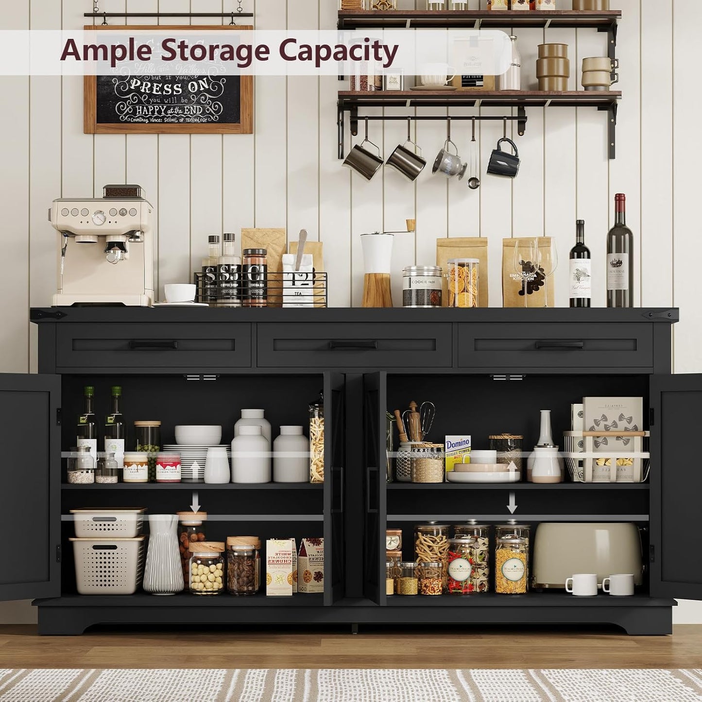 Buffet Cabinet, 63” Large Sideboard Buffet Storage Cabinet with 3 Drawers, Farmhouse Coffee Bar with 4 Doors, for Kitchen, Living Room, Black